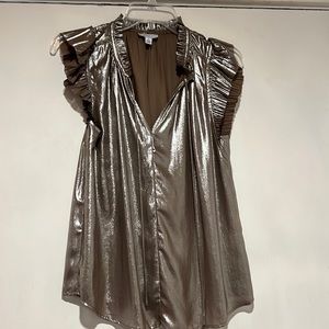 Metallic blouse with ruffle cap sleeve